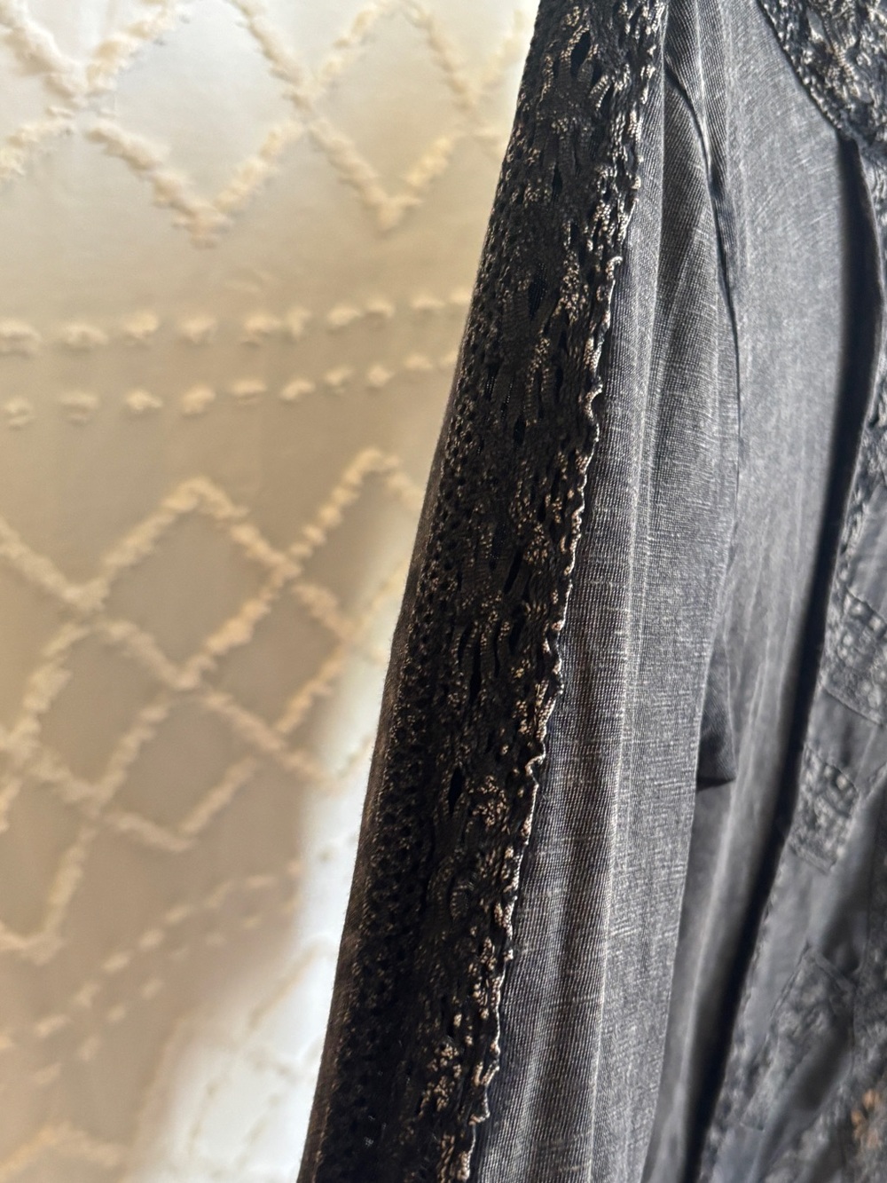 Free People Black Lace Crochet Boho Top 3/4 Sleeve Washed Knit - Picture 3 of 5